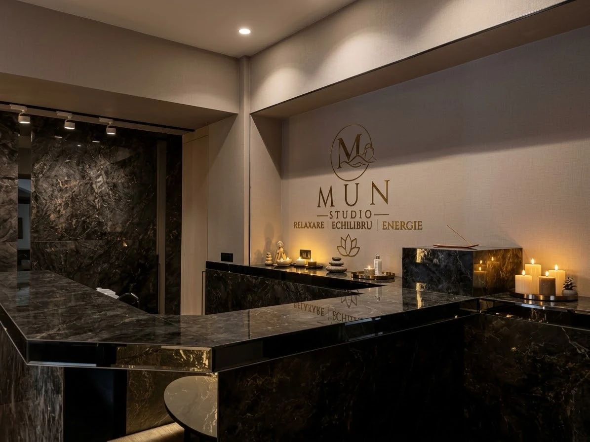 Recepția MUN Studio: blat de marmură neagră, lumînări aprinse, pietre și lotus